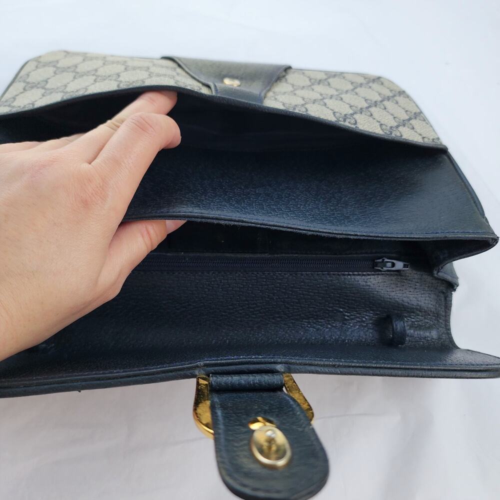 VINTAGE Gucci GG Web Coated Canvas Shoulder Bag Blue White Leather Trim Chain - Picture 9 of 14